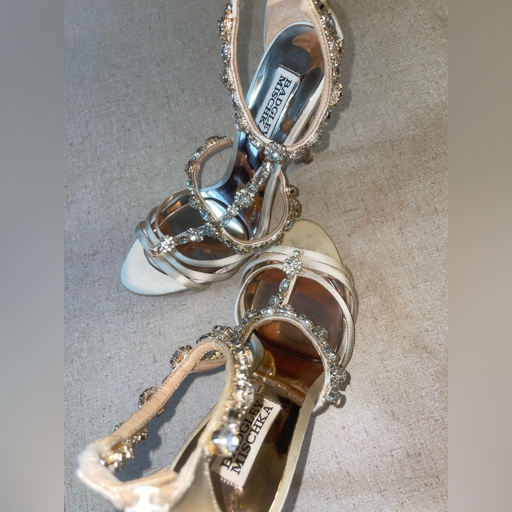 Badgley Mischka designer satin heels with rhinestones.